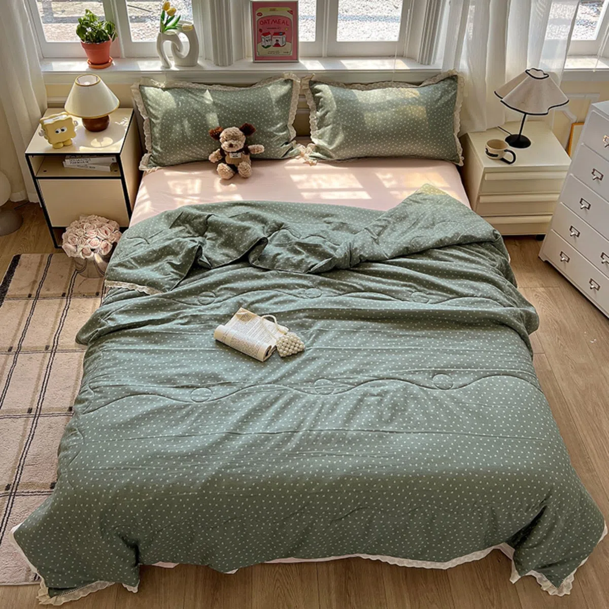 Odot Trapunta Piumino Estivo Reversibile, 4,5 Tog Cotone Trapuntino Copriletto Leggera Primaverile Coperta Trapuntatura Morbido per Letto Matrimoniale (Pois verde salvia,200 * 230cm)