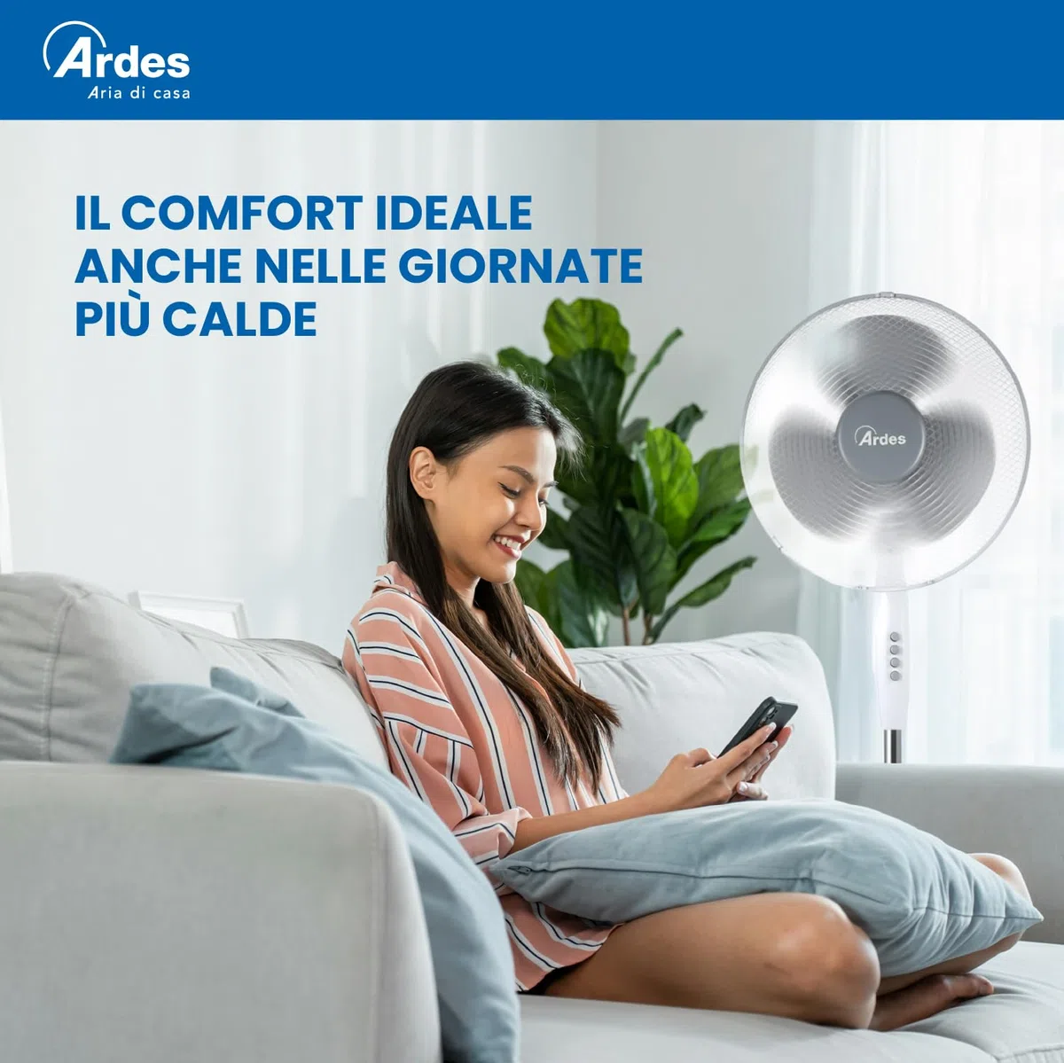 ARDES - AR5BR40PB Ventilatore a Piantana Silenzioso 3 Pale BRISA 40PB - Ventilatore Ardes Piantana Oscillante e Inclinabile con Pannello Manuale - Ventilatore a Stelo 3 Velocità e Altezza Regolabile