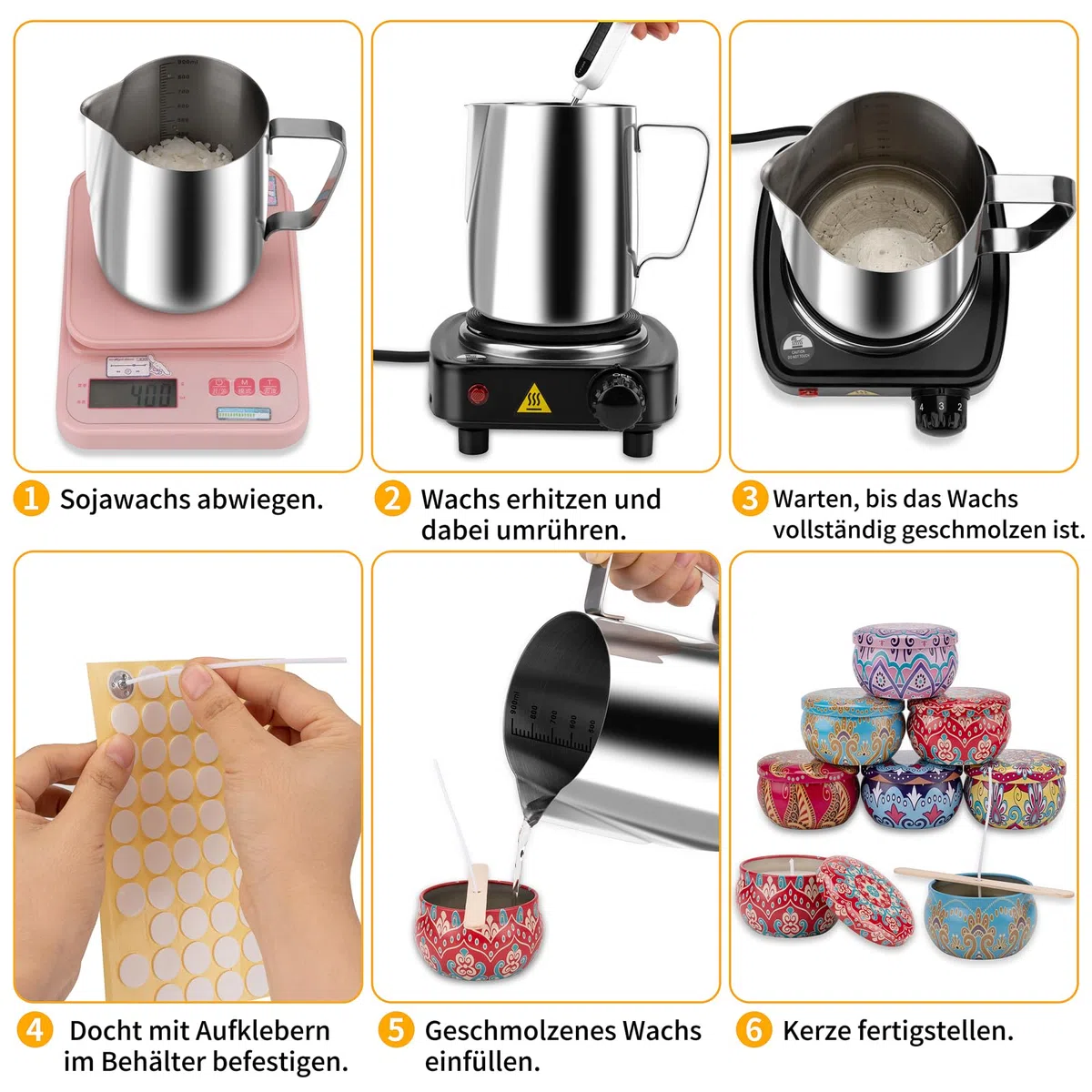 Kit per la produzione di candele JelyArt Set per la creazione di candele fai da te incluso pentolino per sciogliere la cera (900ml), 6 barattoli, 100 stoppini, 60 etichette adesive – Candele fai da te