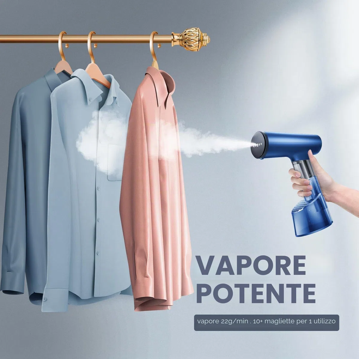 Vaporizzatori da viaggio Ferro da Stiro Verticale a Vapore, FMK Mini Stiratrice Verticale 20s Riscaldamento, Portatile Rimozione Rughe Tessuto con Pennello Ferro da Stiro a Vapore per Tende Blu