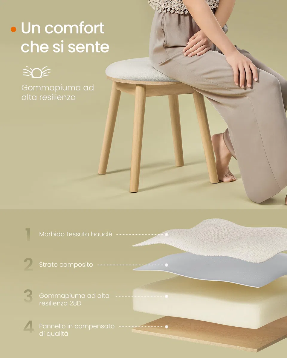SONGMICS HOME BOHOVEN Collezione - Sgabello per Toeletta e Trucco, Gambe in Legno, Poggiapiedi Rotondo, Cuscinetti Antiscivolo, per Camera da Letto, Bianco Crema e Beige Rovere