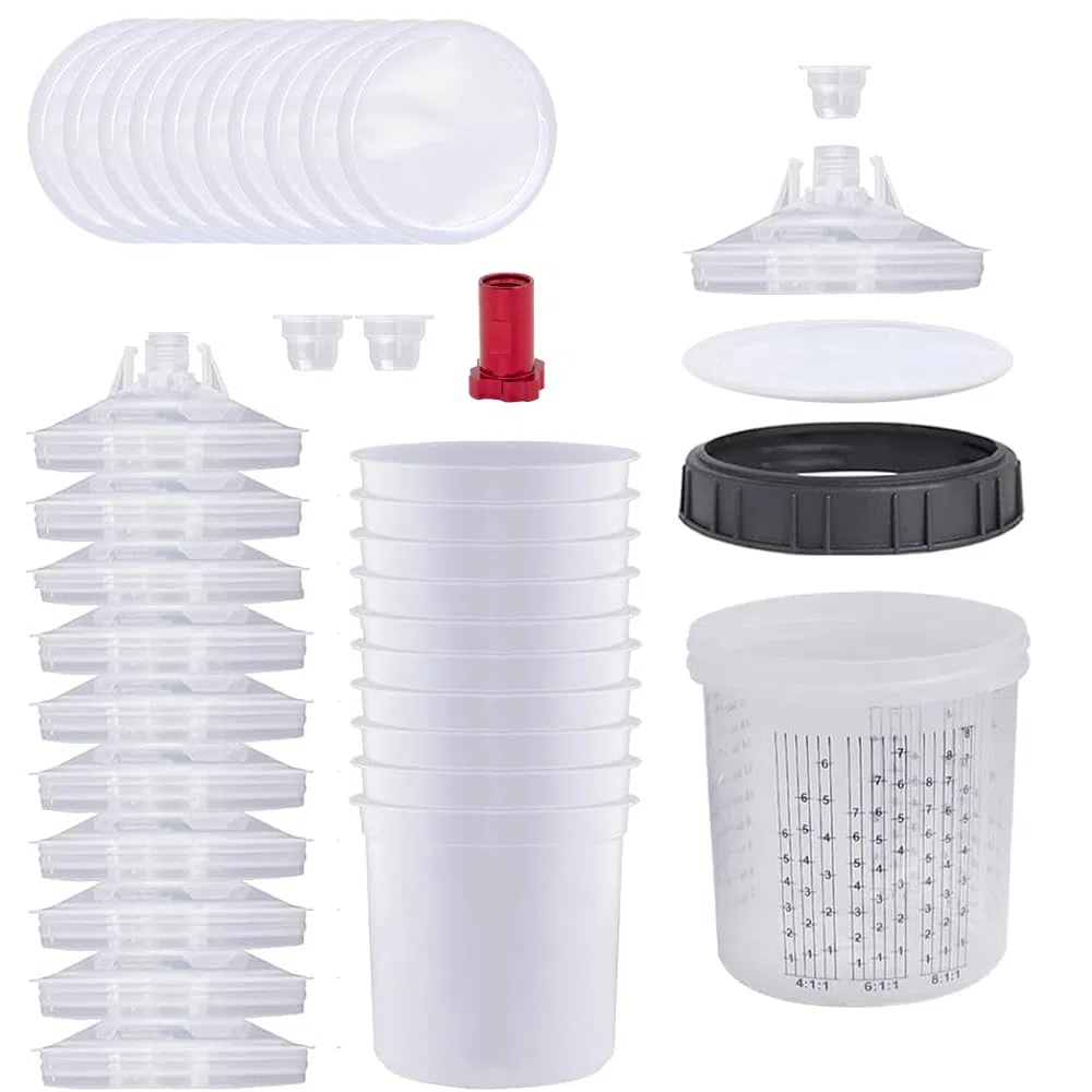 Tazza di misurazione per pistola vernice, Coppa miscelatrice per vernice con 10 tazze, 10 coperchi, 10 filtri(600ml)