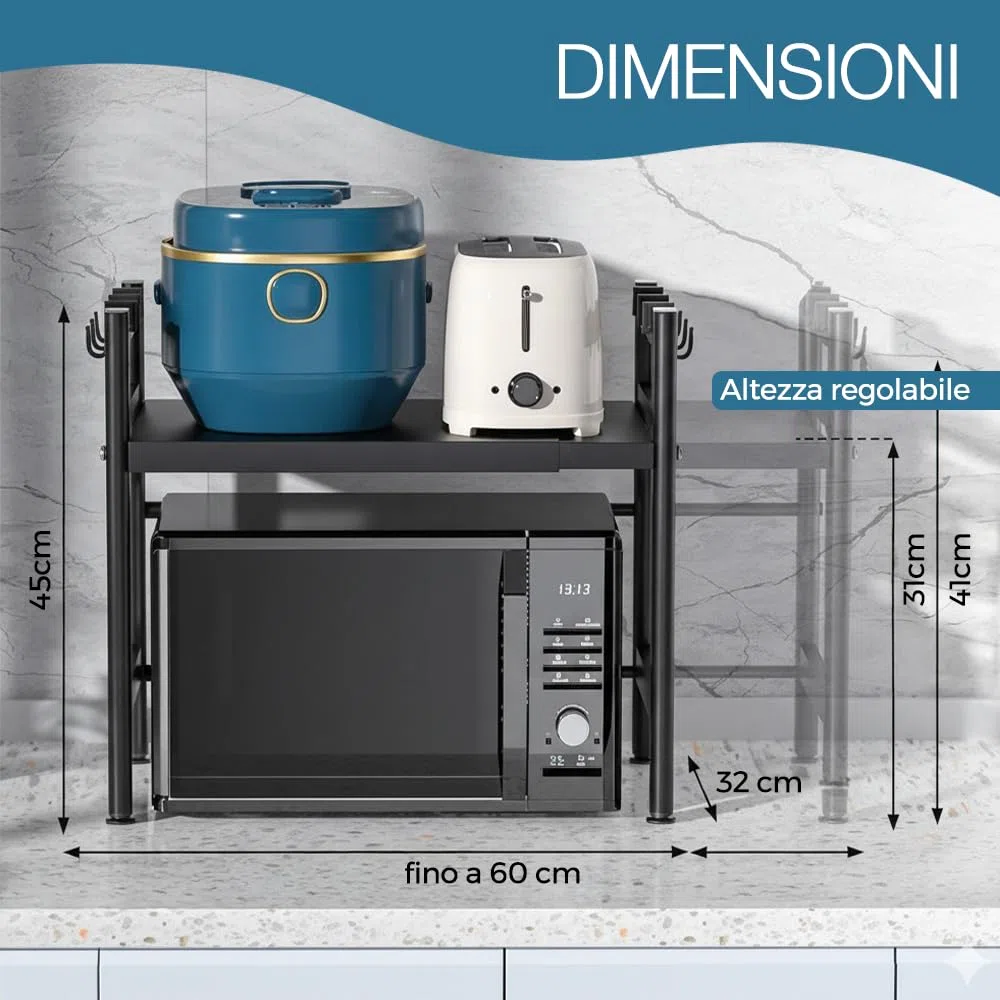 Supporto per Microonde Mensola Regolabile e Salvaspazio Scaffale da Cucina Mobiletto Aggiustabile con Gancio Counter Ripiano Due livelli