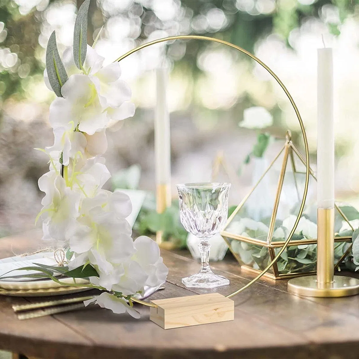 10 pneumatici rotondi in metallo da 30 cm, con 10 supporti in legno esagonali, anelli decorativi in metallo dorato, con supporto in legno, per fai da te, per matrimoni, decorazioni e