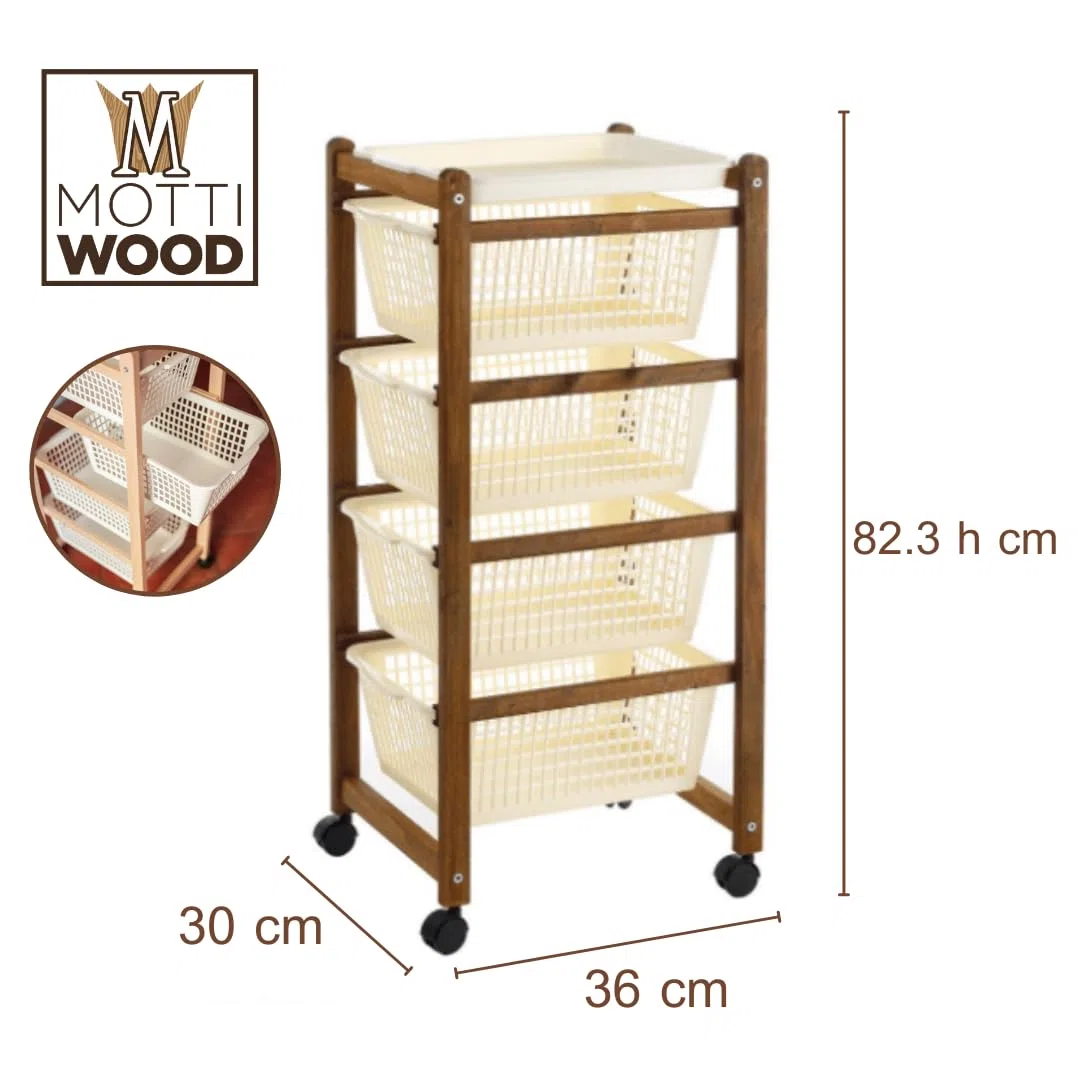 Mottiwood Carrello da Cucina, Carrelli Salvaspazio, 4 Ceste, Legno di Faggio Naturale, 36.2x30x82.3 cm, Montato, Made in Italy (Color Noce)