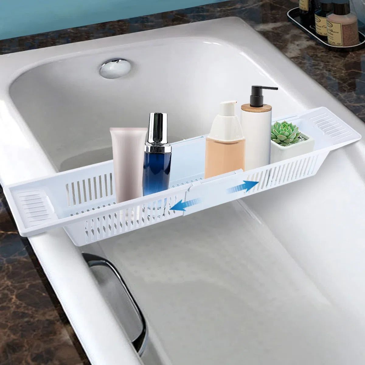 Vasca da bagno retrattile, colore bianco, in PP, regolabile 57 – 80 cm, vassoio da bagno per vasca e lavello della cucina, per articoli da toeletta e stoviglie