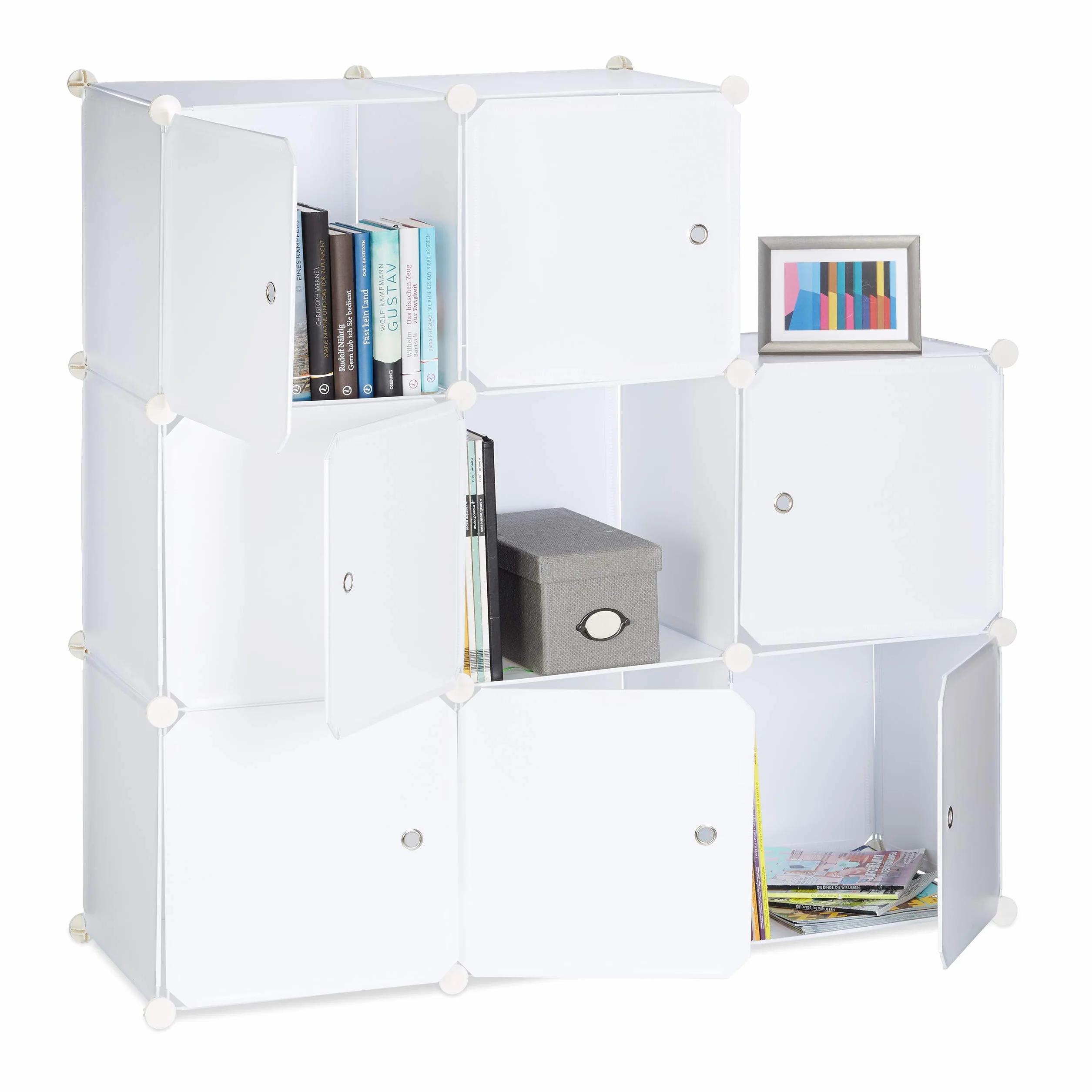 Relaxdays 10021955_49 Armadietto con Ante, Divisorio Casa in plastica, 9 Scomparti, 95 x 95 x 32 cm, Bianco