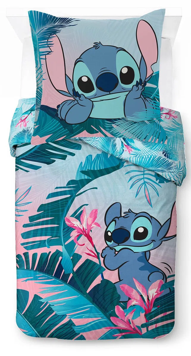 Completo Piumone Singolo 100% Cotone Disney Lilo & Stitch Floreale - Include una federa per cuscino 80 x 80