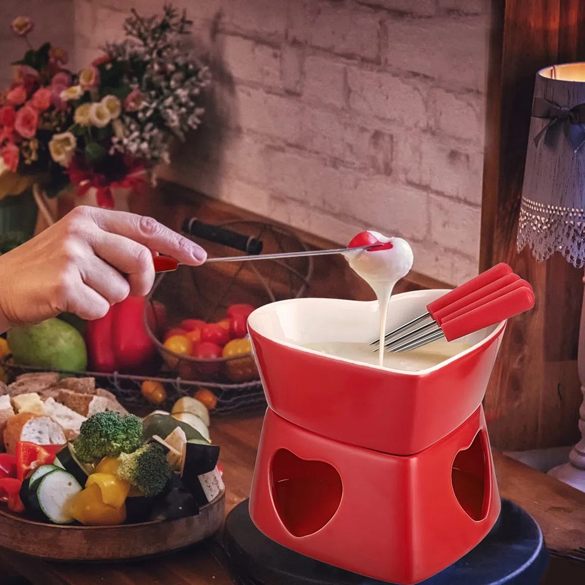 Set per fonduta di cioccolato in ceramica TOLIDA, pentolino a forma di cuore, pentola per fonduta di cioccolato e formaggio in porcellana con 4 forchette, 320 ml, mini bruciatore resistente al calore