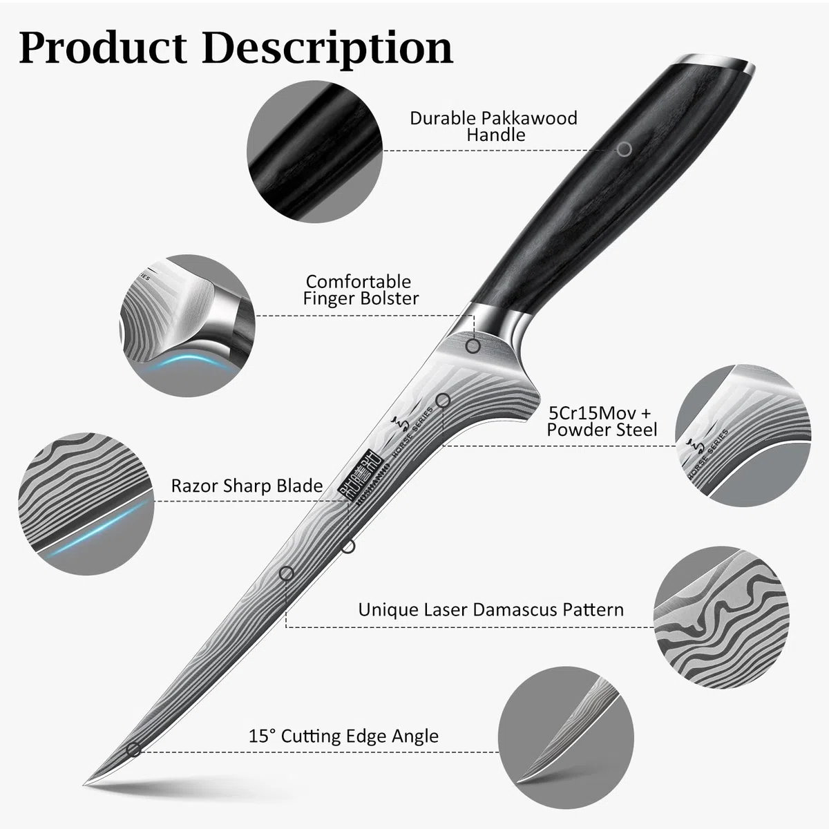HOSHANHO Coltello per Sfilettare 18 cm, Altamente Affilato Coltello da Disossare per Tagliare Carne, Coltello da Cucina Professionale Giapponesi in Acciaio al Carbonio in Polvere con Manico in Pakka