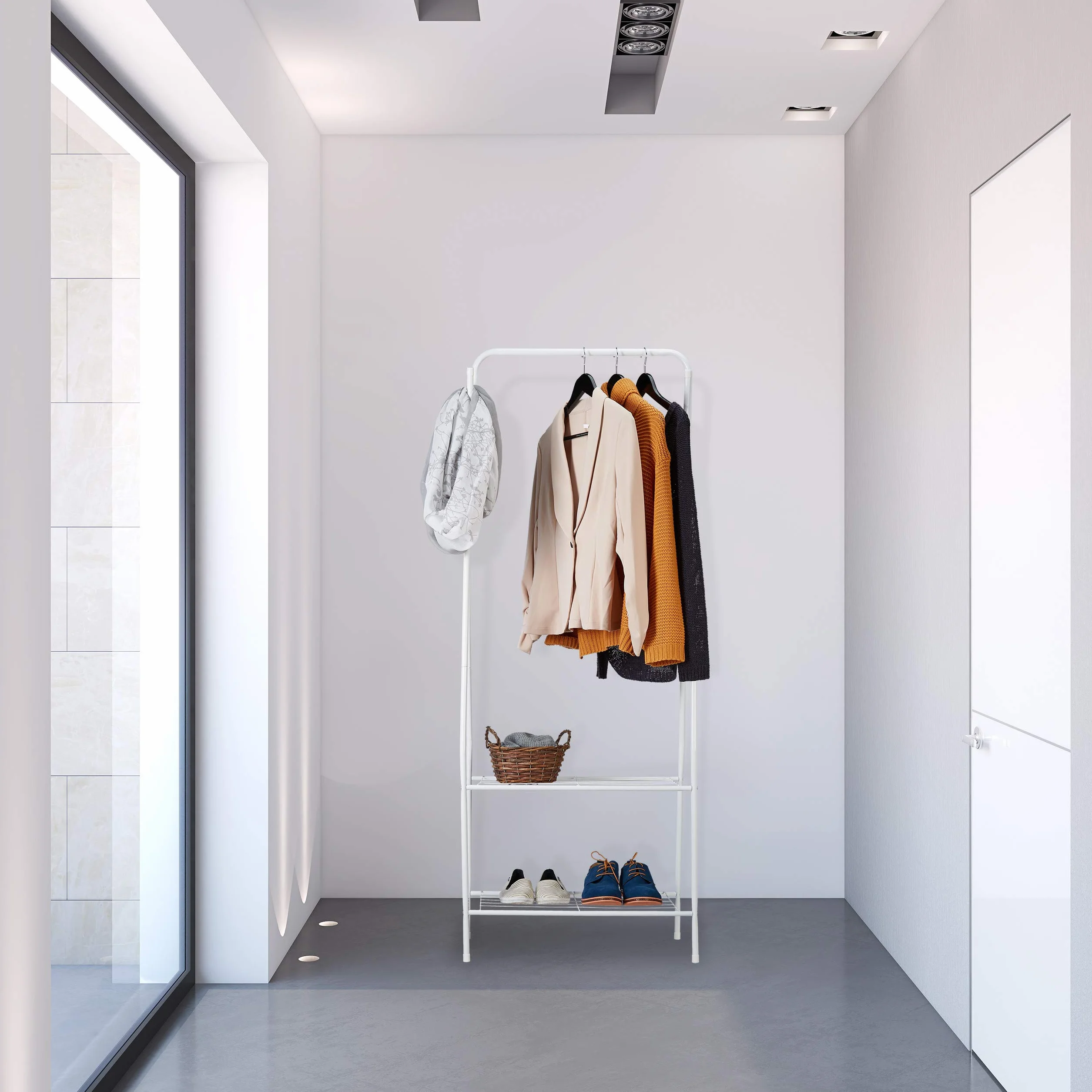 Relaxdays Stand Appendiabiti, Metallo, 2 Ripiani & 4 Ganci, Attaccapanni, Corridoio & Spogliatoio, 158x60x33 cm, bianco