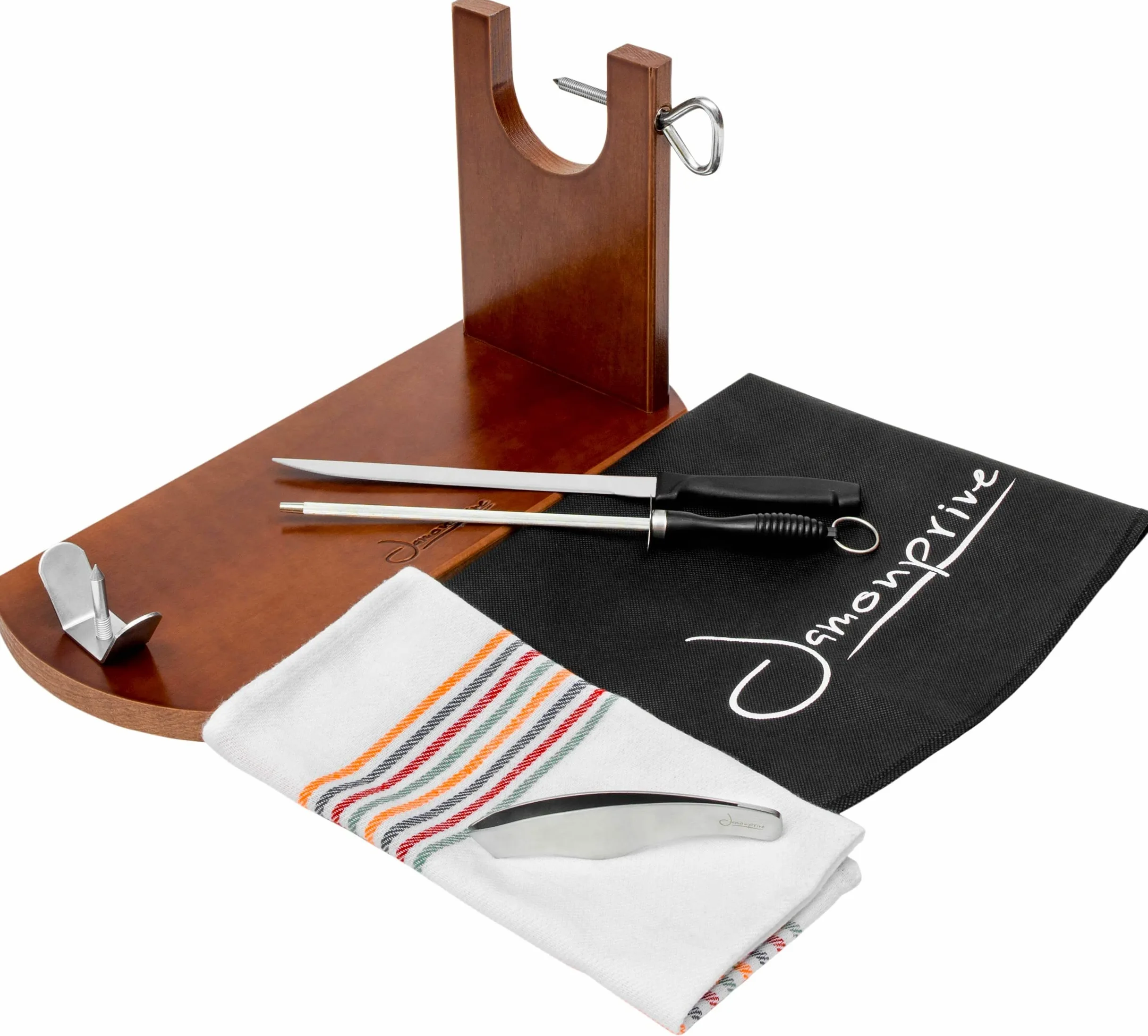Jamonprive Porta Prosciutto Professionale Laccato + Coltello + Affilacoltelli + Copri Prosciutto + Panno + Pinza - Portaprosciutto Ideale per Jamon Serrano, Iberico e Prosciutto Italiano