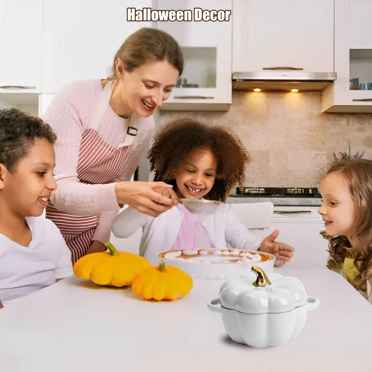 Justup Ciotola da zuppa con manico, 450 ml, in ceramica, con coperchio, per dessert e insalata, per Halloween, festa di zucca (bianco)