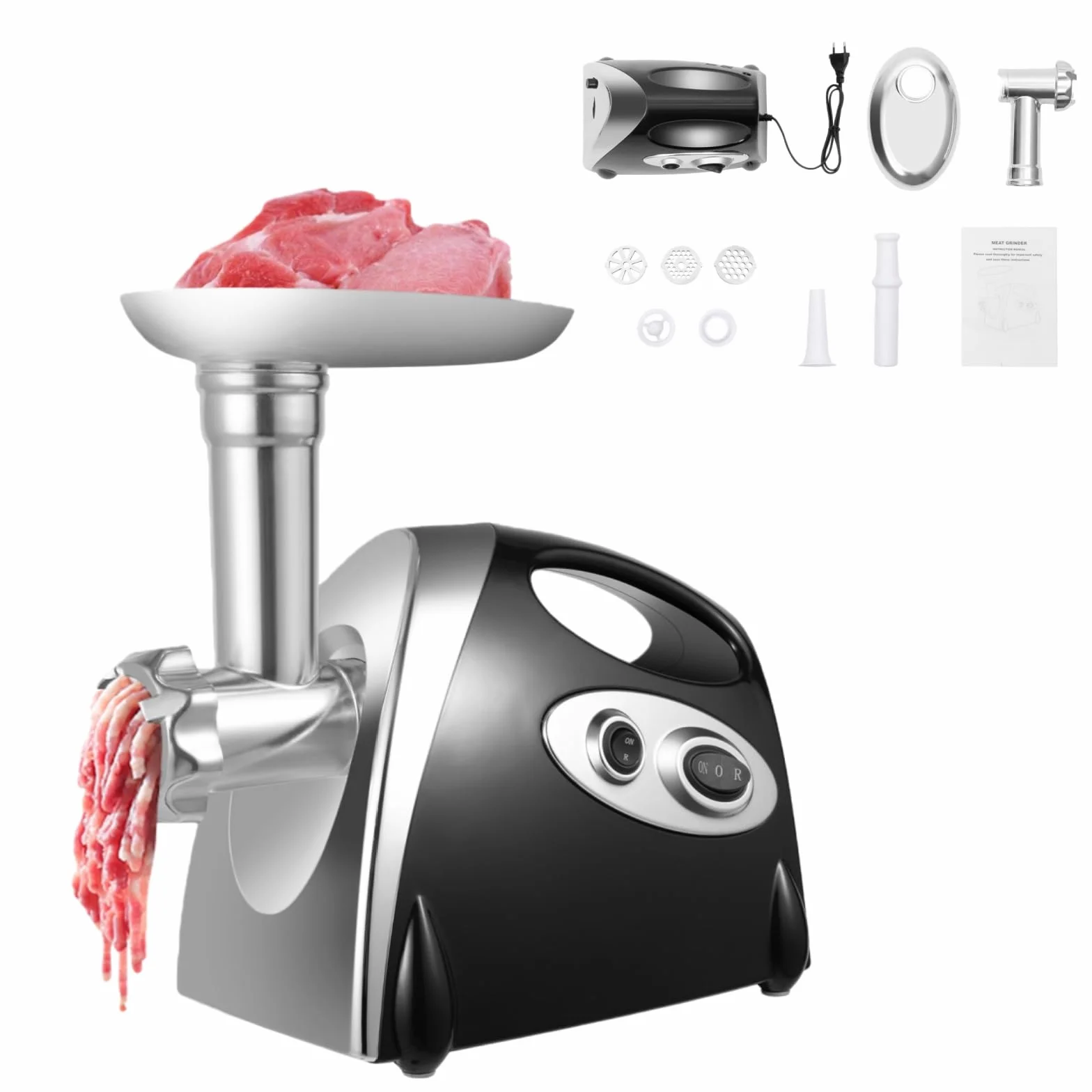 Tritacarne elettrico da 2800 W, in acciaio inox, multifunzione, con 1,5 kg di carne al minuto, Meat Grinder Electric con 3 piastre abrasive in acciaio inox, nero