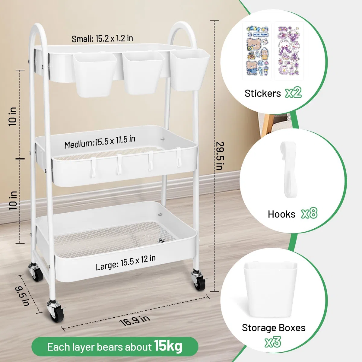 JOYBOY Carrello Portaoggetti,Carrellino Cucina,Carrello in Metallo con 3 Ripiani,Carrellino Multifunzionale Ruote Bloccabili,Tazze E Ganci Appesi,Contenitore,con Simpatici Adesivi,Bianco