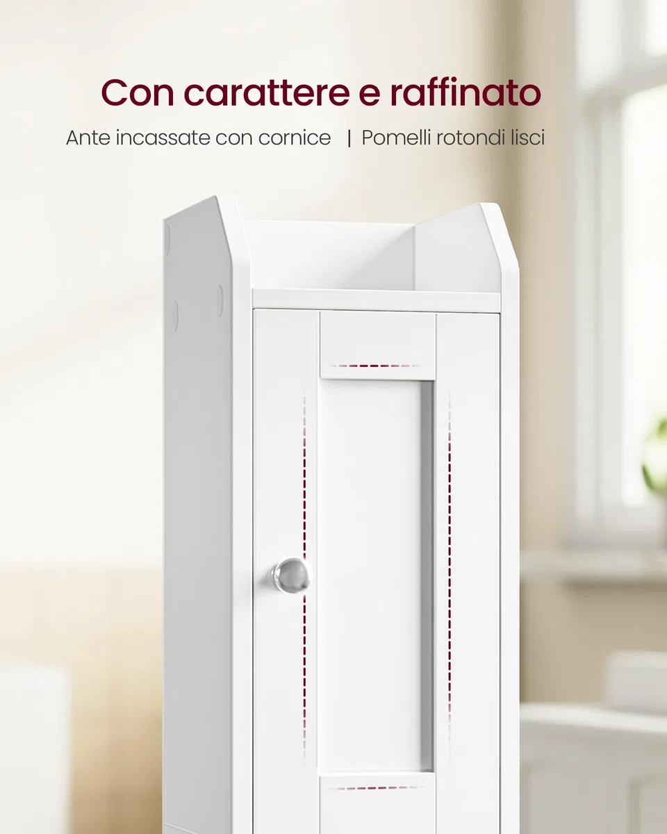 VASAGLE SIREN Collezione – Mobile da Bagno Stretto, Mobiletto da Pavimento Angolare, Porta Carta Igienica, Ripiani Regolabili, Ante da Aprire a Sinistra o a Destra, Bianco Nuvola BBK312WB02