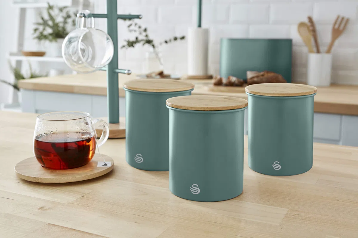 Swan Nordic Set di 3 Barattoli da Cucina in Acciaio al Carbonio, Robusti, con Coperchio in bambù, per Conservare tè, caffè e Zucchero, Design Moderno, Verde