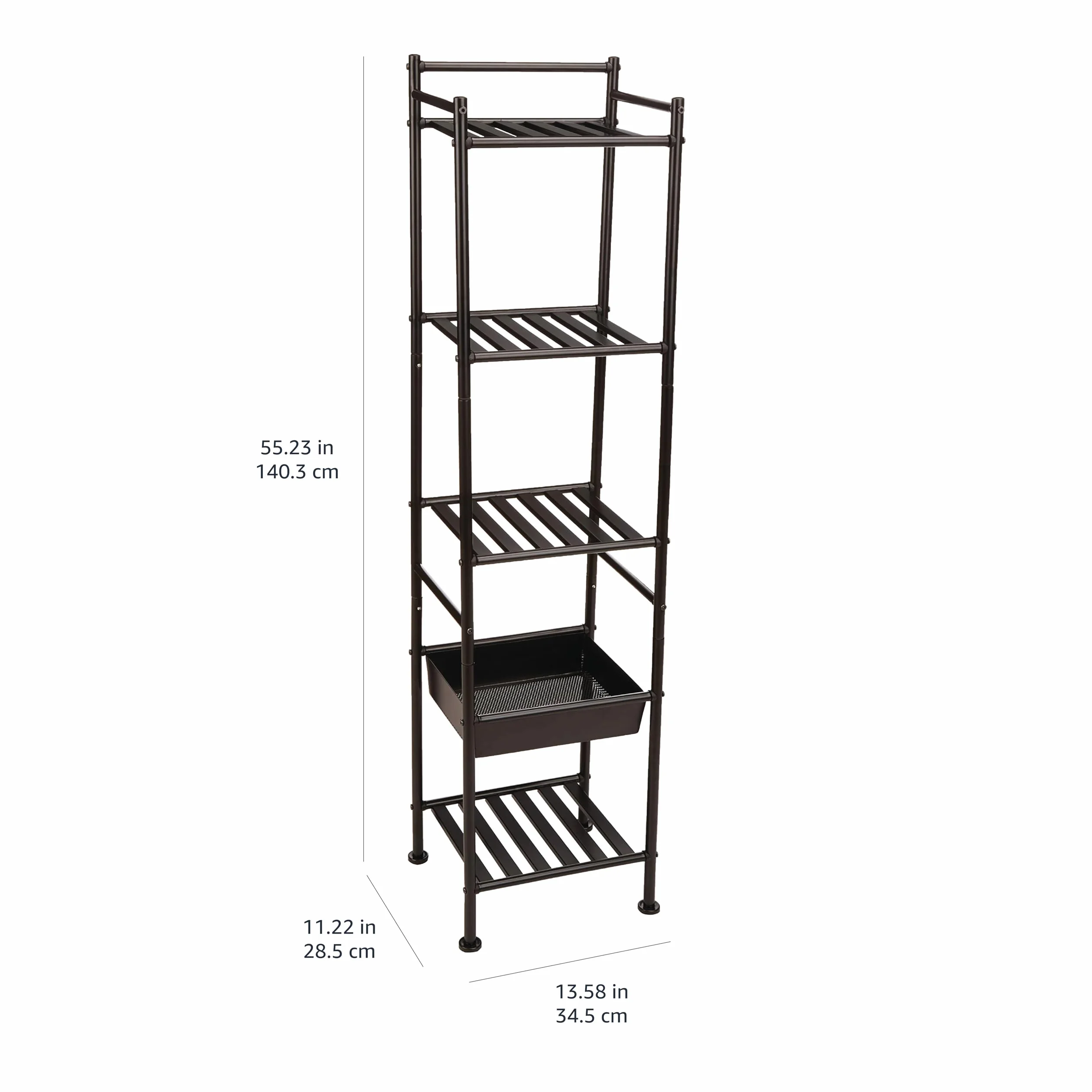 Amazon Basics Scaffale a 5 ripiani con cestello, Nero, 34.5 x 28.5 x 140.3 cm (L x W x H)