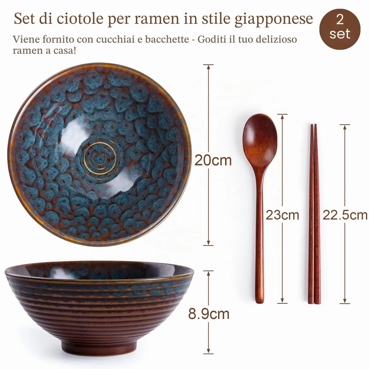 Set di 2 Ciotole Ramen Bowl Giapponesi in Ceramica per Ramen, Da 1200 ml, Con Cucchiai e Bacchette, Coda Di Pavone