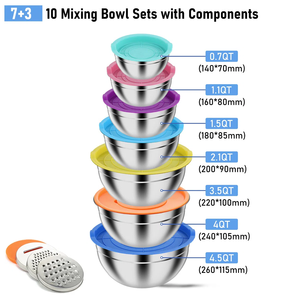 Pleafind Set di ciotole per mescolare 7 pezzi Ciotole annidabili in acciaio inossidabile con coperchi - con 3 accessori per grattugiare, capacità 4,5 QT, 4 QT, 3,5 QT, 2,1 QT, 1,5 QT, 1,1 QT, 0,7 QT