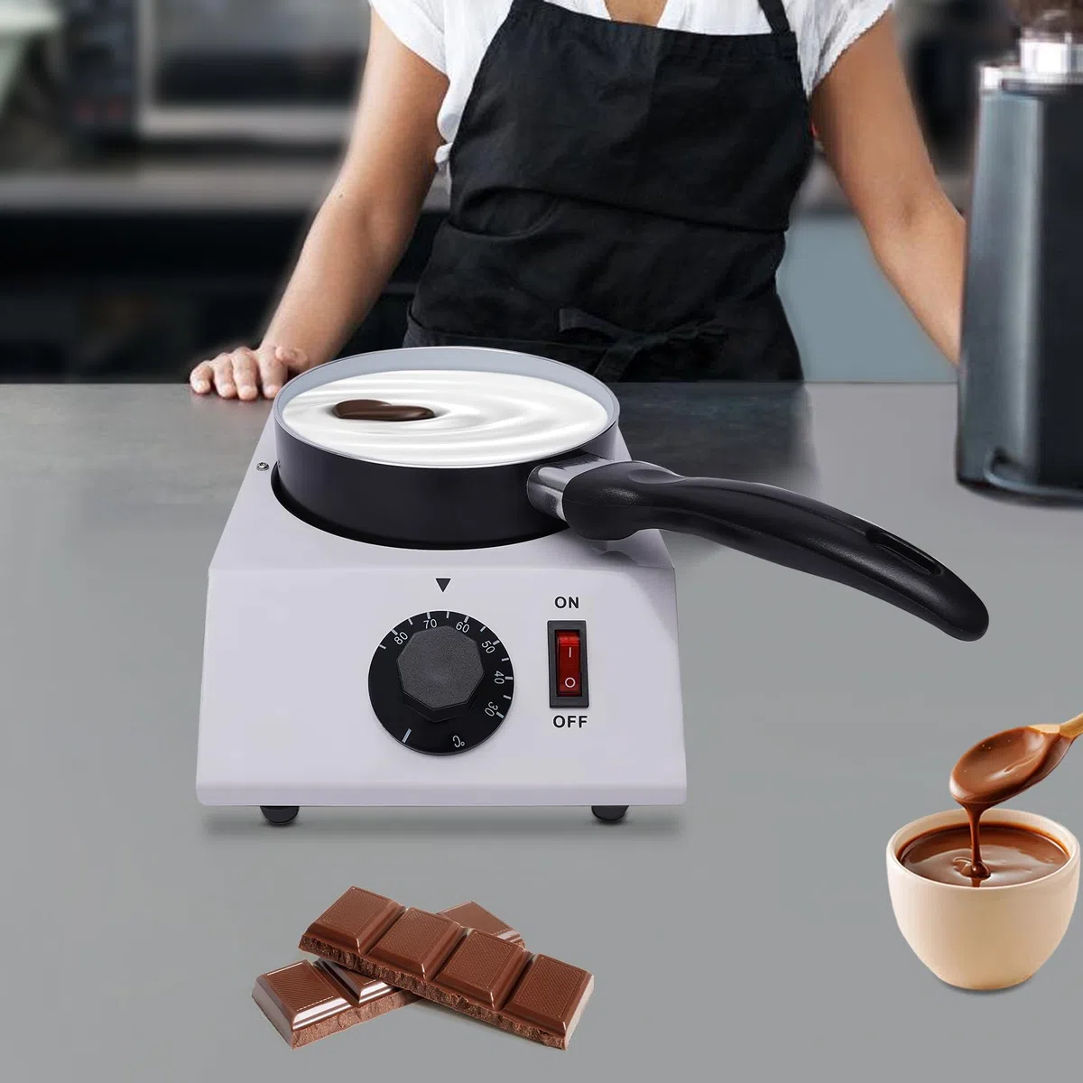 Fungitore elettrico di cioccolato, 40 W, per fusione di cioccolato, termosifone e top antiaderente per la cottura della busta