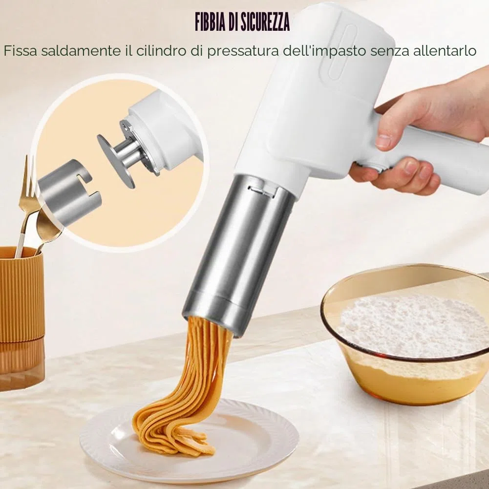 Macchina per pasta elettrica palmare, macchina ricaricabile automatica 2000mAh, 5 stampi per pasta fatta in casa, spaghetti/maccheroni