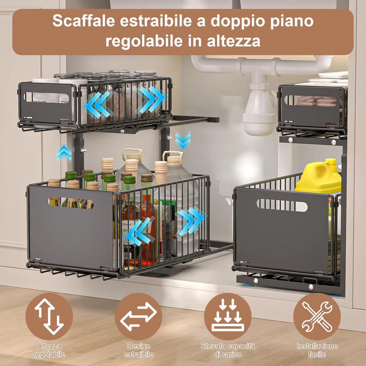 Organizer Sottolavello Cucina 2 Livelli,Sottolavello Cucina Metallo,Altezza Regolabile,Organizzatore Sottolavello Cucinas,Estraibile,Nero,1 Pezzi