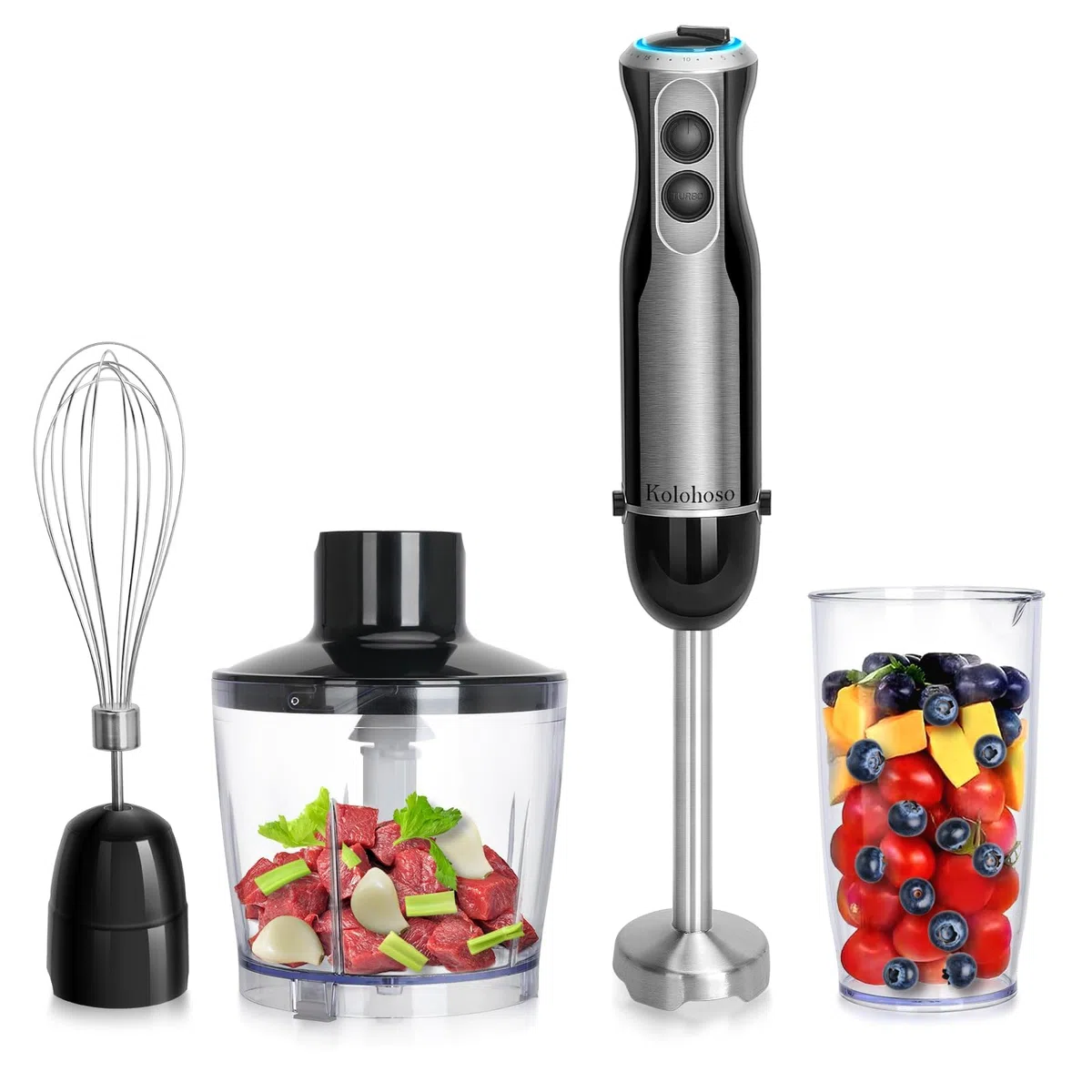1500W Frullatore a Immersione, 4 In 1 Mixer Multifunzione Professionale Con 20 Velocità e TURBO, Acciaio Inox 304, Frusta, Tritatutto 500ml e Misurino 600ml,Per Smoothie Zuppe Salse,senza BPA