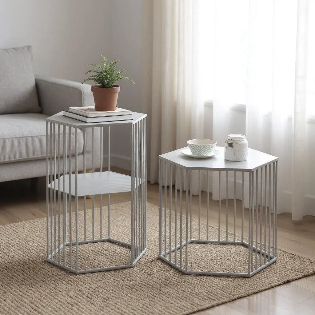 HAKU Set di 2 tavolini in metallo grigio freddo - Dimensioni: L 38/42 x A 55/45 x P 33/37 cm Stile: Moderno