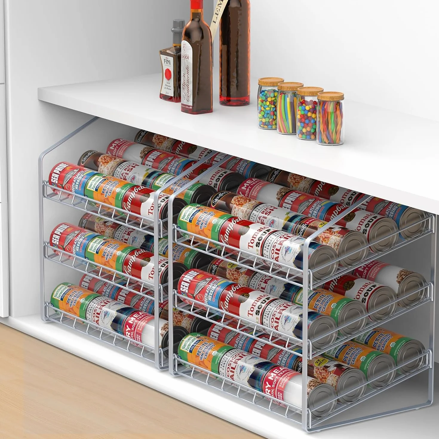 Porta-lattine a 3 livelli, organizer per dispensa, porta lattine per piano di lavoro, armadio, cucina, argenteo