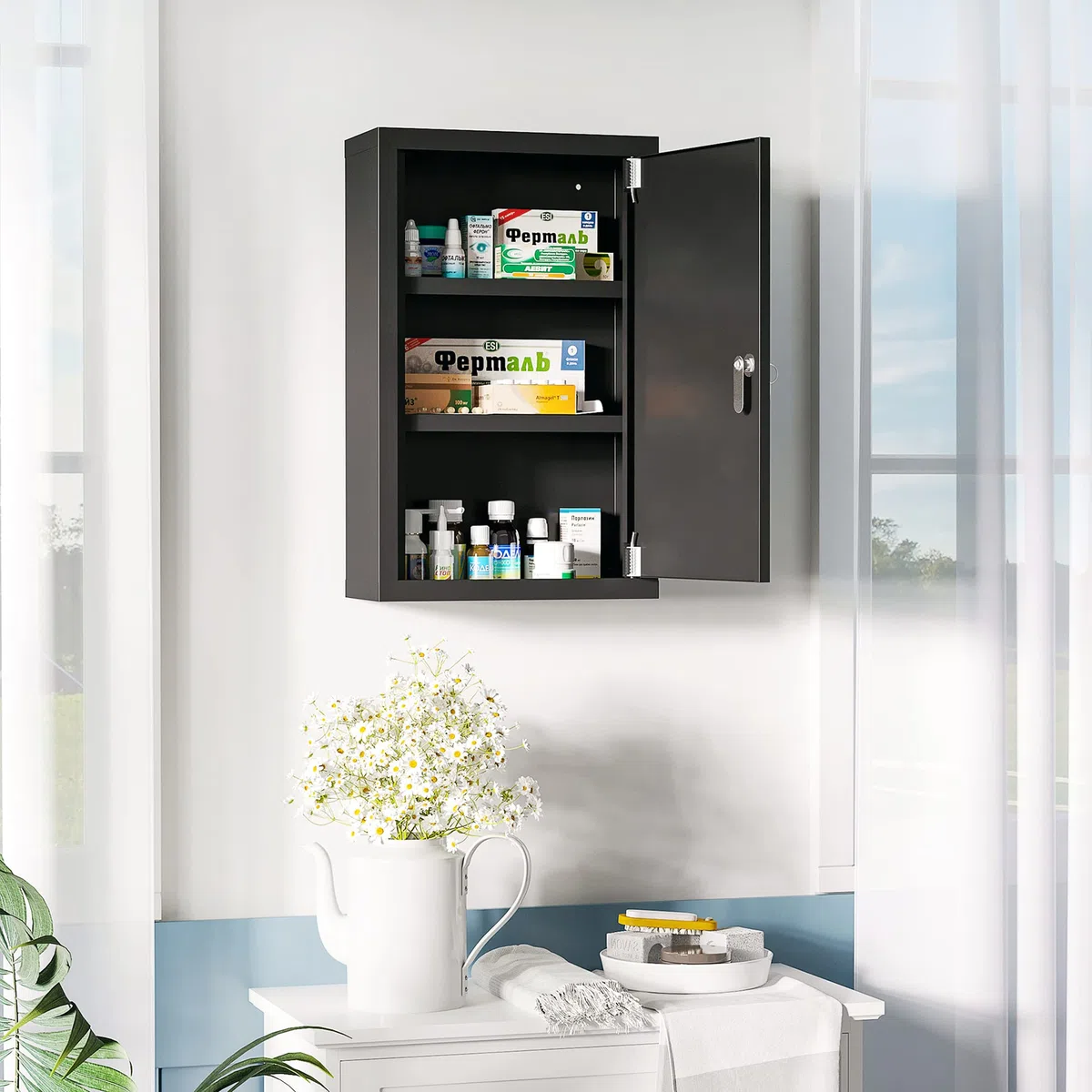 kleankin Armadietto Farmaci a Parete a 3 Ripiani con 2 Chiavi di Sicurezza, Armadietto Porta Medicinali in Acciaio, 30x14x46 cm, Nero