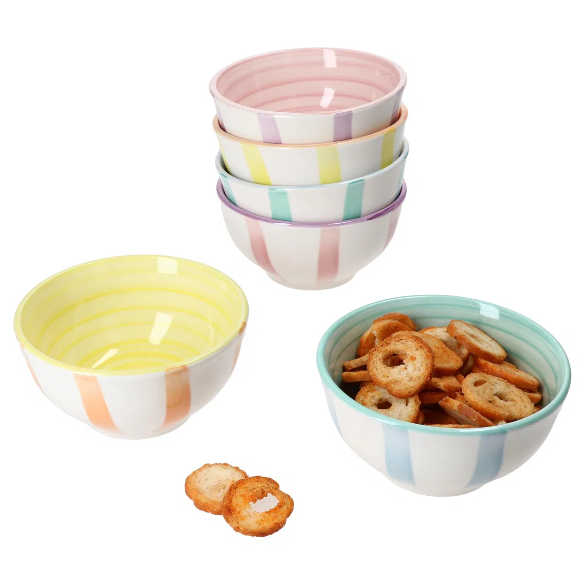 MamboCat Beach Pastello Stripes - Set di 6 ciotole per snack e dip, 12 cm, 220 ml, in gres porcellanato con strisce pastello per 6 persone, mini ciotole per salse, frutta, mini insalata, noci e così