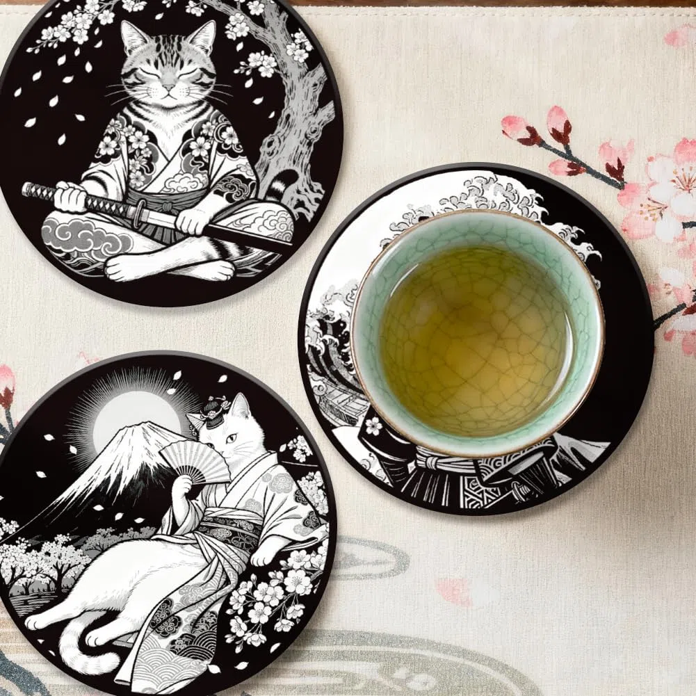 ANATTASOUL 9 Pezzi di Pattern Gatto in Stile Giapponese Sottobicchieri Legno, Sottobicchieri per Bevande,Coaster per Tavolino del Caffè, Decorazione per Cucina e Sala da Pranzo