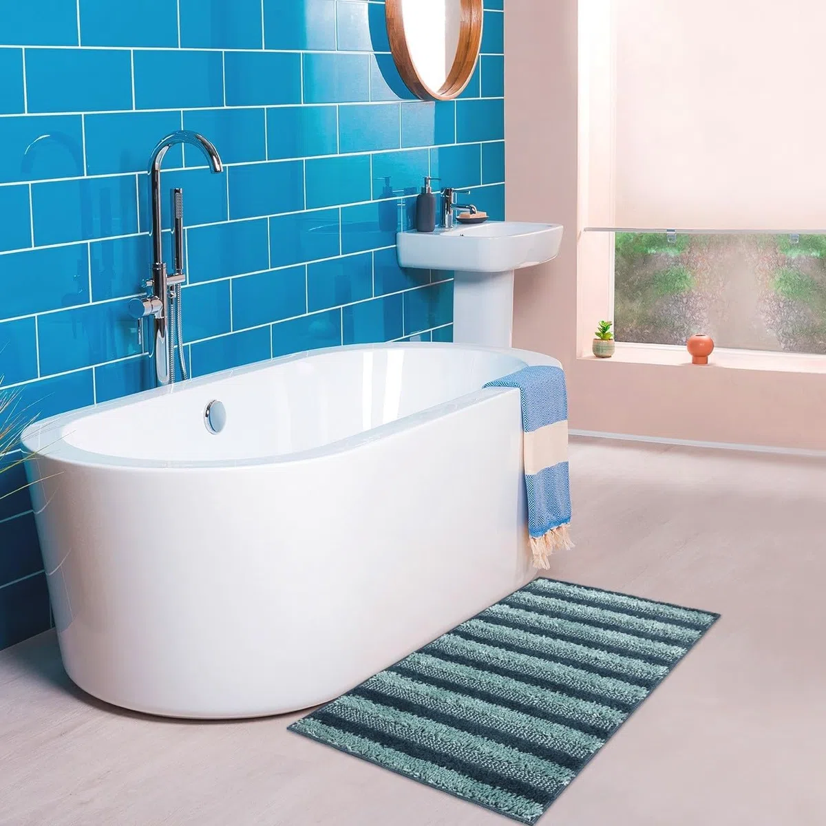 emmevi Tappeto Bagno Doccia Scendiletto Morbido Shaggy Assorbente Antiscivolo Lavabile 60x120 Cm Blu