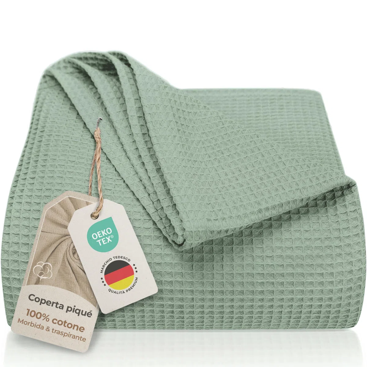 LAYNENBURG Copriletto 150 x 200 cm - Waffle Pique 100% Cotone - Coperta Estiva Leggera - Coperta di Cotone Come Coperta da Letto, Coperta da Divano, Coperta ariosa da Divano (Verde menta)