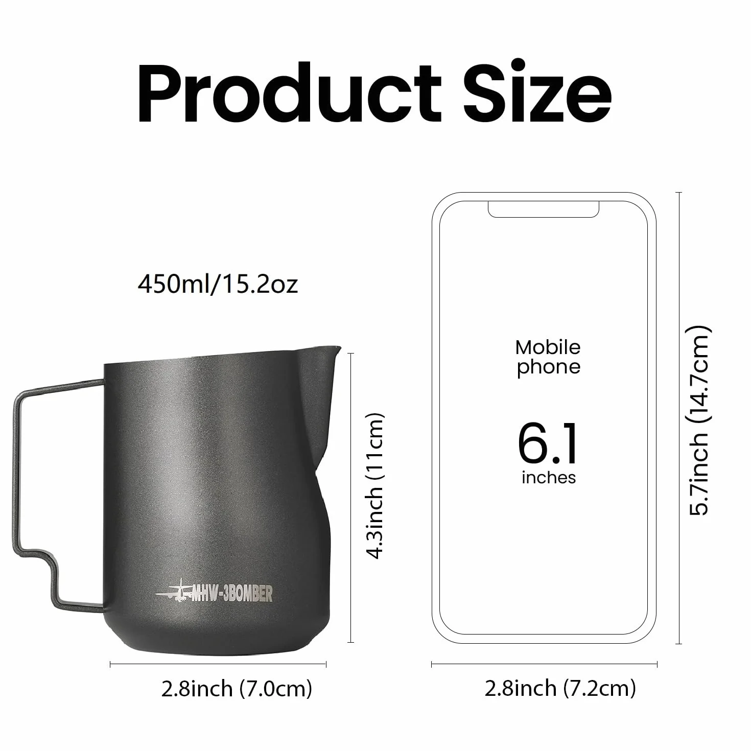 MHW Bomber - Brocca per schiumalatte da 450 ml, in acciaio inox, brocca per caffè espresso a vapore – Brocca per latte Barista Latte Art con beccuccio rotondo P6006W