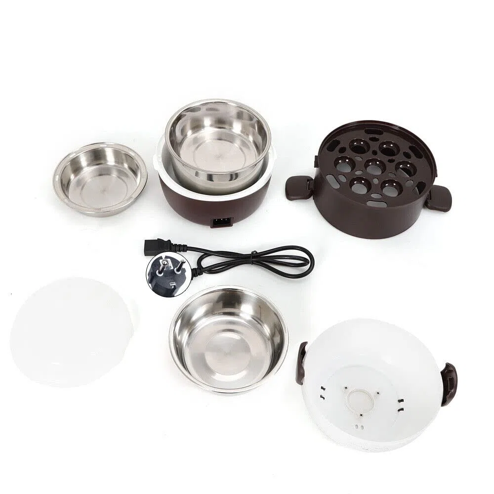 Cuocere riso portatile a vapore, contenitore elettrico per il pranzo, scalda cibo, scalda cibo elettrico, contenitore per il pranzo, 3 strati, 2 l, in acciaio inox