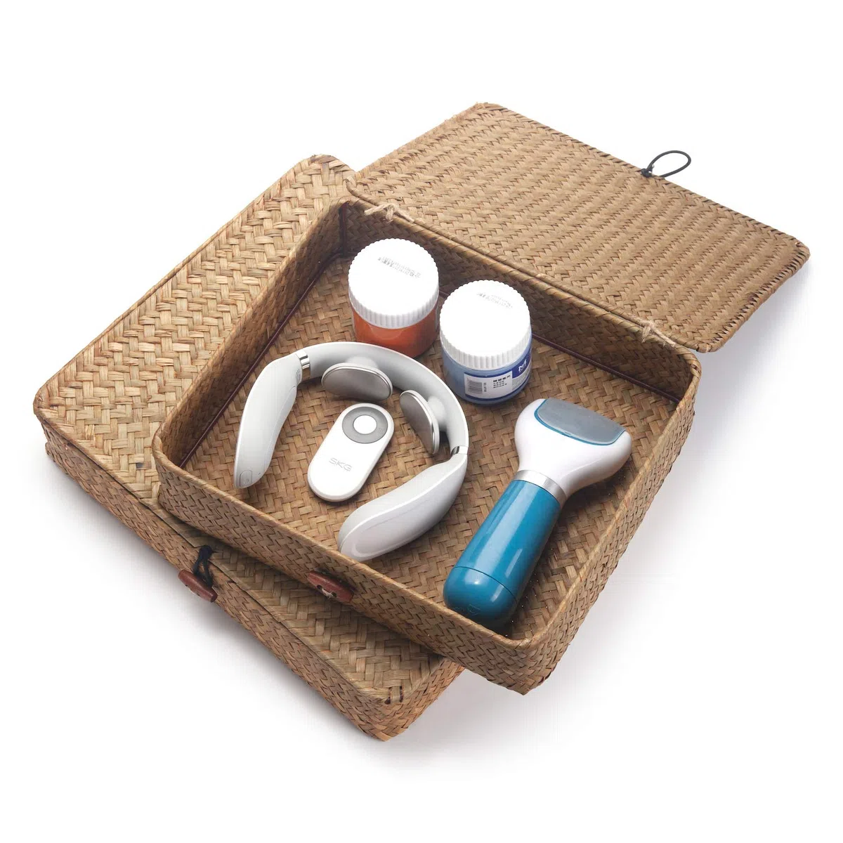 Cesta Portaoggetti con Coperchioio Seagrass Naturale Cesti Contenitori Vimini Rettangolare Set di 2 (Naturale Grande + Piccolo)