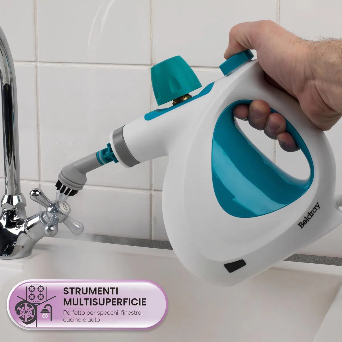 Beldray BEL0701TQN Detergente a vapore portatile 10-in-1, perfetto per tappezzeria, Piastrelle per bagno, specchi e finestre, scopa a vapore detersivo, Uccide efficacemente i batteri, Turchese, 1000W