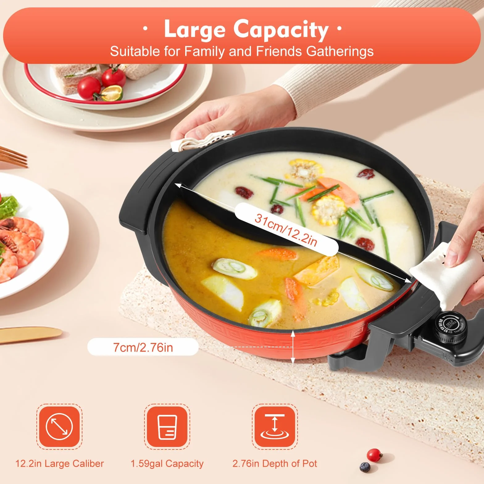 Pentola elettrica multifunzione da 1300 W, con fondo riscaldante e coperchio, 6 litri, 2 scomparti, Shabu Shabu