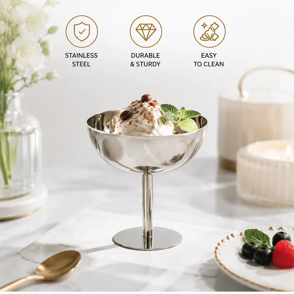 4 Pezzi Coppe Gelato Acciaio Inox 240 ml Coppette Gelato con Piede Tazza Coppe Dessert in Acciaio Inossidabile Ciotole da Dessert per Budino Yogurt Frutta Insalata (10 x 11 cm)