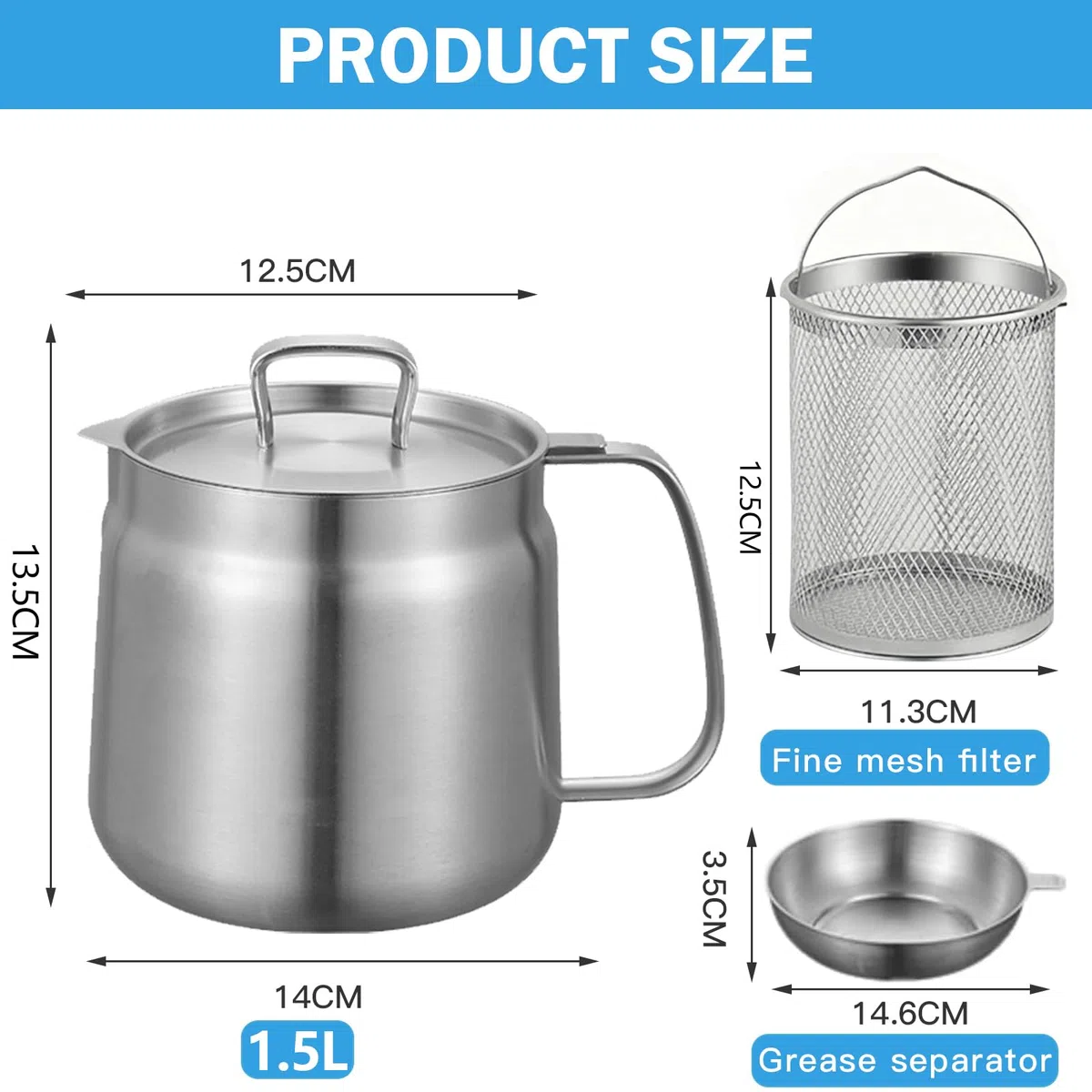 Pentola per friggere 1,5 l, con colino in acciaio inox, contenitore per grasso, cestino per friggere con coperchio antipolvere, contenitore per olio per conservare arrosto e grasso da