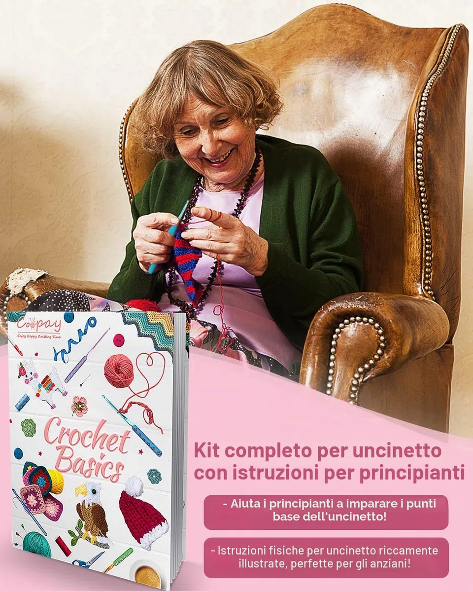 Coopay - Kit per uncinetto principiante, completo con 16 gomitoli di lana, 2 tipi di ganci 0,6-6,0 mm, borsa per riporre accessori per uncinetto a maglia, regalo per ragazza, famiglia, amici, rosa