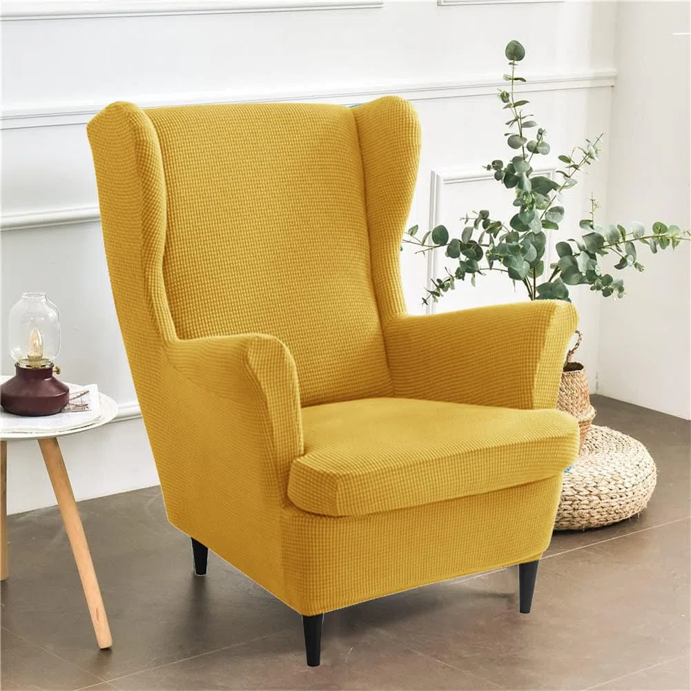 Highdi 2-Pezzi Copripoltrona con Orecchie Elasticizzato, Tinta unita jacquard Addensare Strandmon Copridivano da 1 Posto con Fodera per Cuscino, Lavabile, per Soggiorno Camera (Giallo)