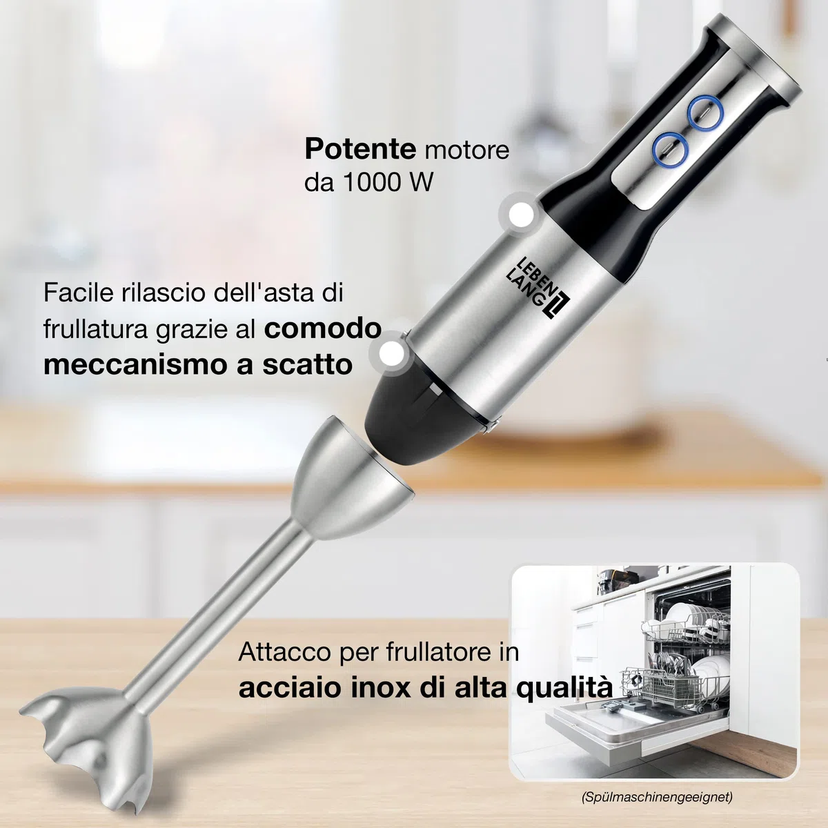 LEBENLANG 1000W frullatore immersione in acciaio inox - Mixer cucina e 8 fasi più Turbo | Frullatore immersione professionale di alta qualità | hand blender | minipimer immersione mini mixer cucina