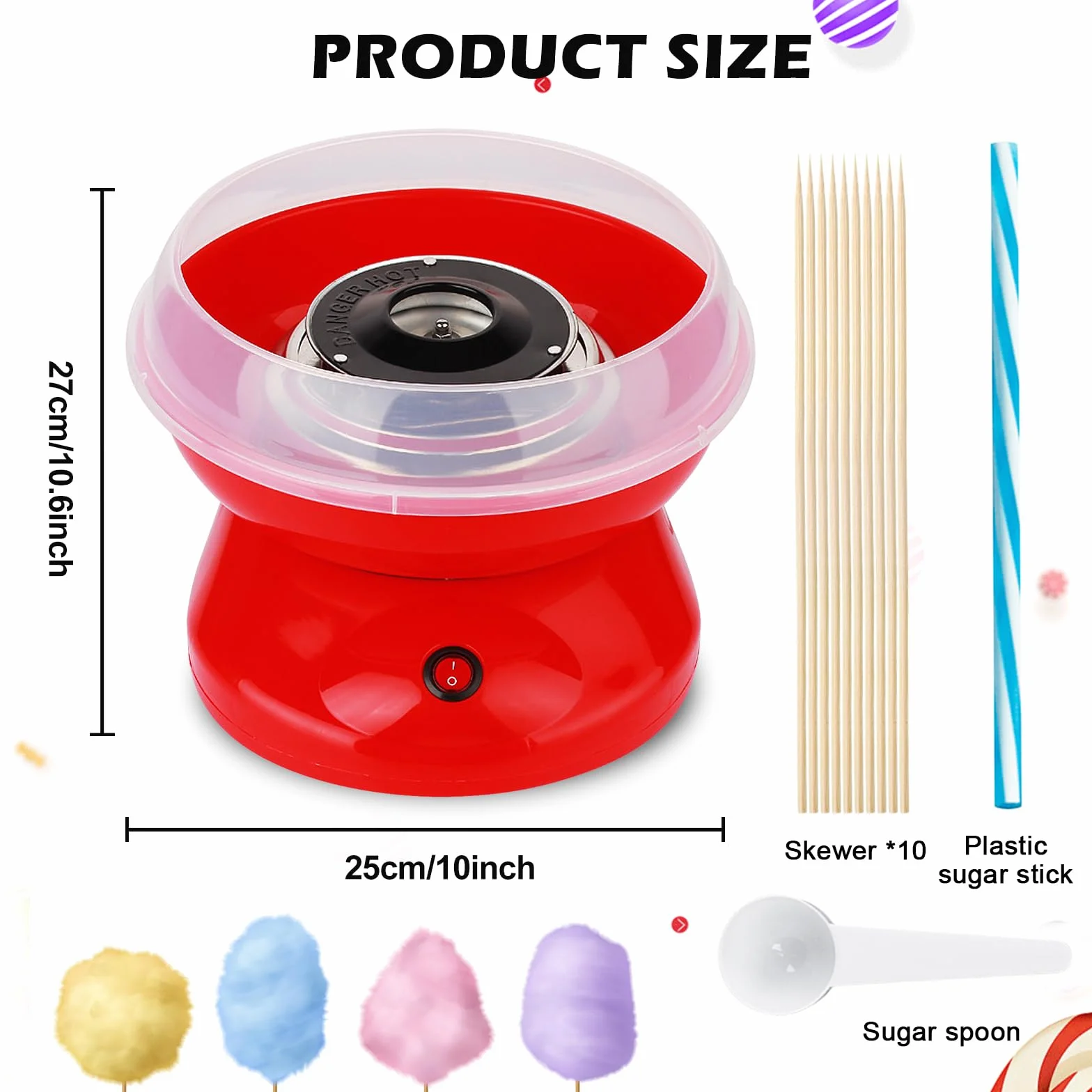 Macchina Zucchero Filato Bambini, Macchina per Zucchero Filato 450w Retrò con Cucchiaio Dosatore e 10 Bastoncini Facile da Usare e Pulire Cotton Candy Machine Ideale per Casa Feste e Compleanni Rosso