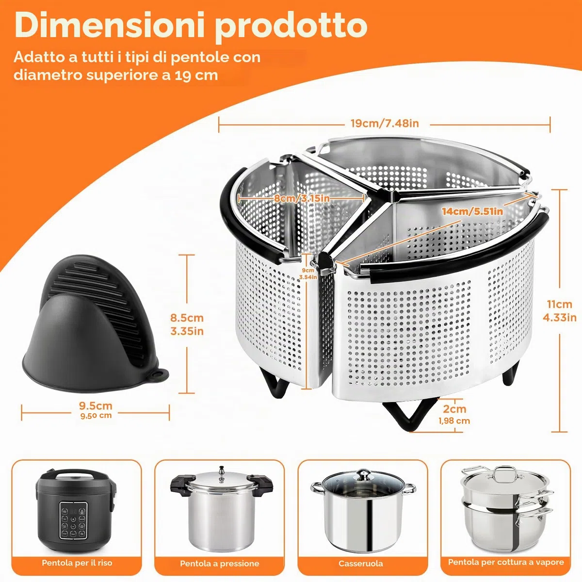 ecooe Cestello per Pasta Separata in Acciaio Inox, 3 Pezzi Cestelli Divisori per Pasta Individuali con Manici e Basi, Guanti in Silicone, Divisore per Cottura Pasta di Pasta, Verdure e Uova (19 cm)
