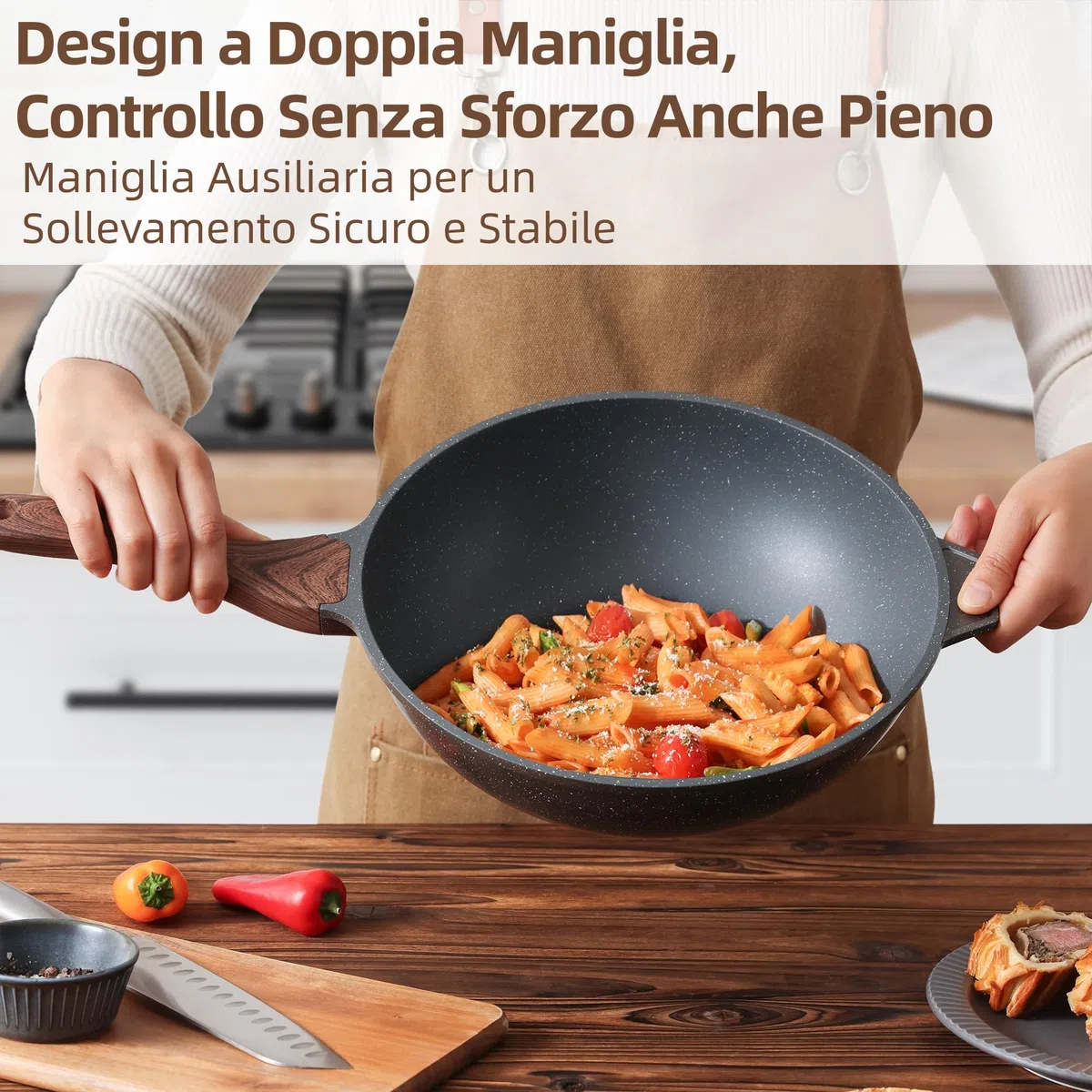 SENSARTE Wok Antiaderente in Alluminio 28 cm con Coperchio, Rivestimento Granito Svizzero ILAG Senza PFOA, Manico Ergonomico, Adatto a Induzione, Cucina Sana