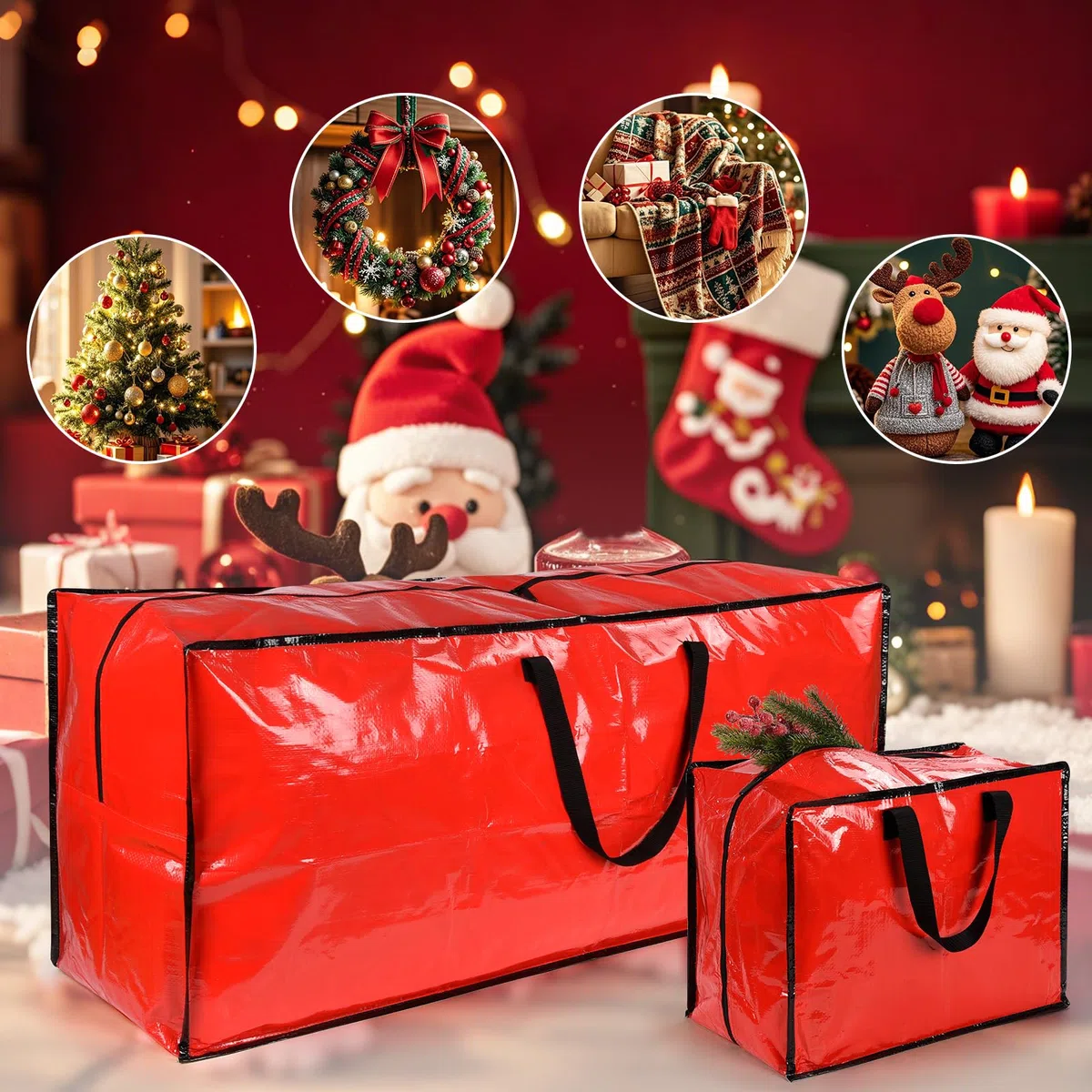Confezione da 4 sacchetti extra large per riporre l'albero di Natale con 3 sacchetti per decorazioni natalizie per alberi di Natale, palline, scatola per riporre l'albero di Natale facile da
