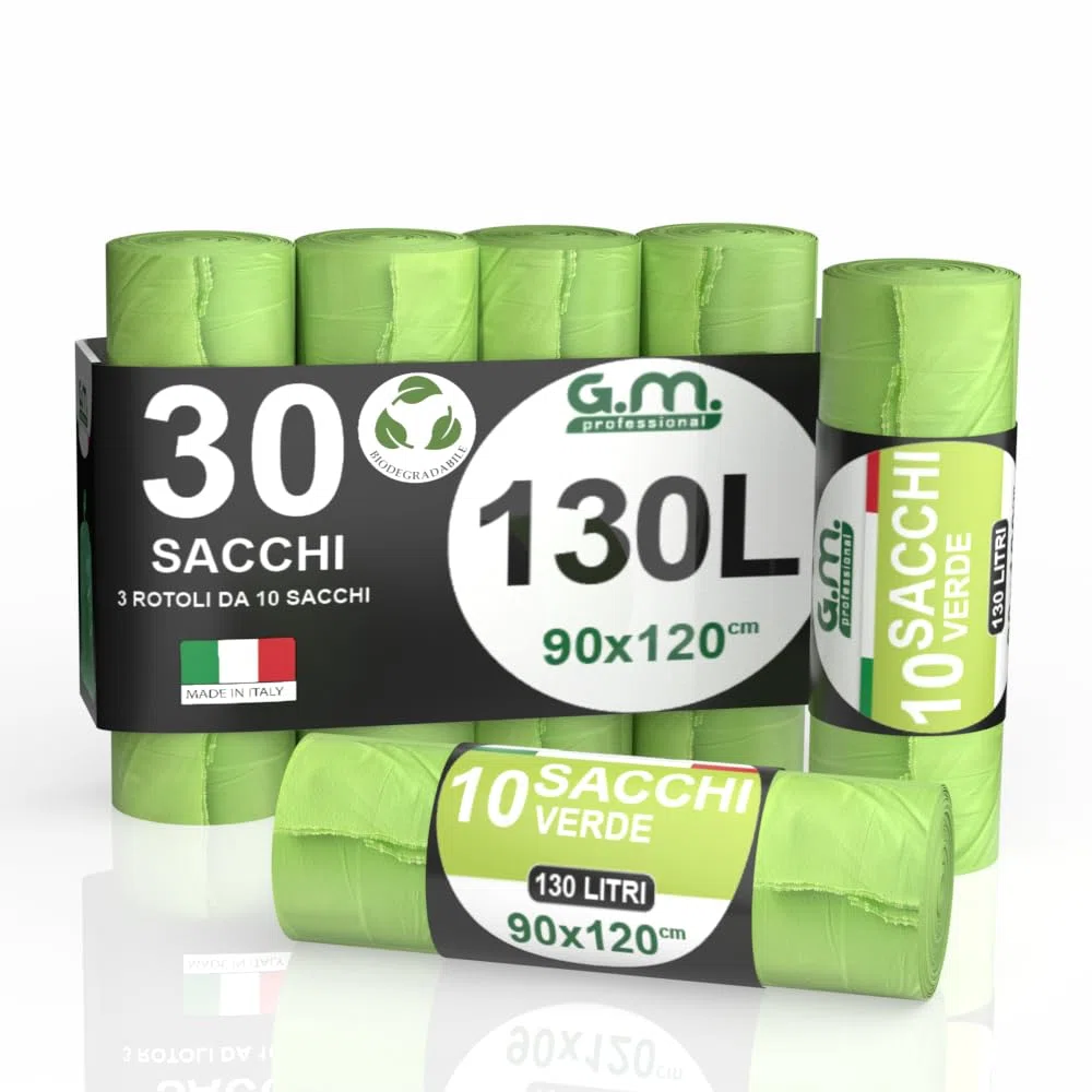 GM 30 Sacchi Spazzatura Verdi 90x120 cm Biodegradabili x Umido, Resistenti, 130 litri, Sacchetti Bio Compostabili x Ristoranti, Buste Immondizia per Rifiuti Organici, 3 Rotoli da 10 buste immondizia